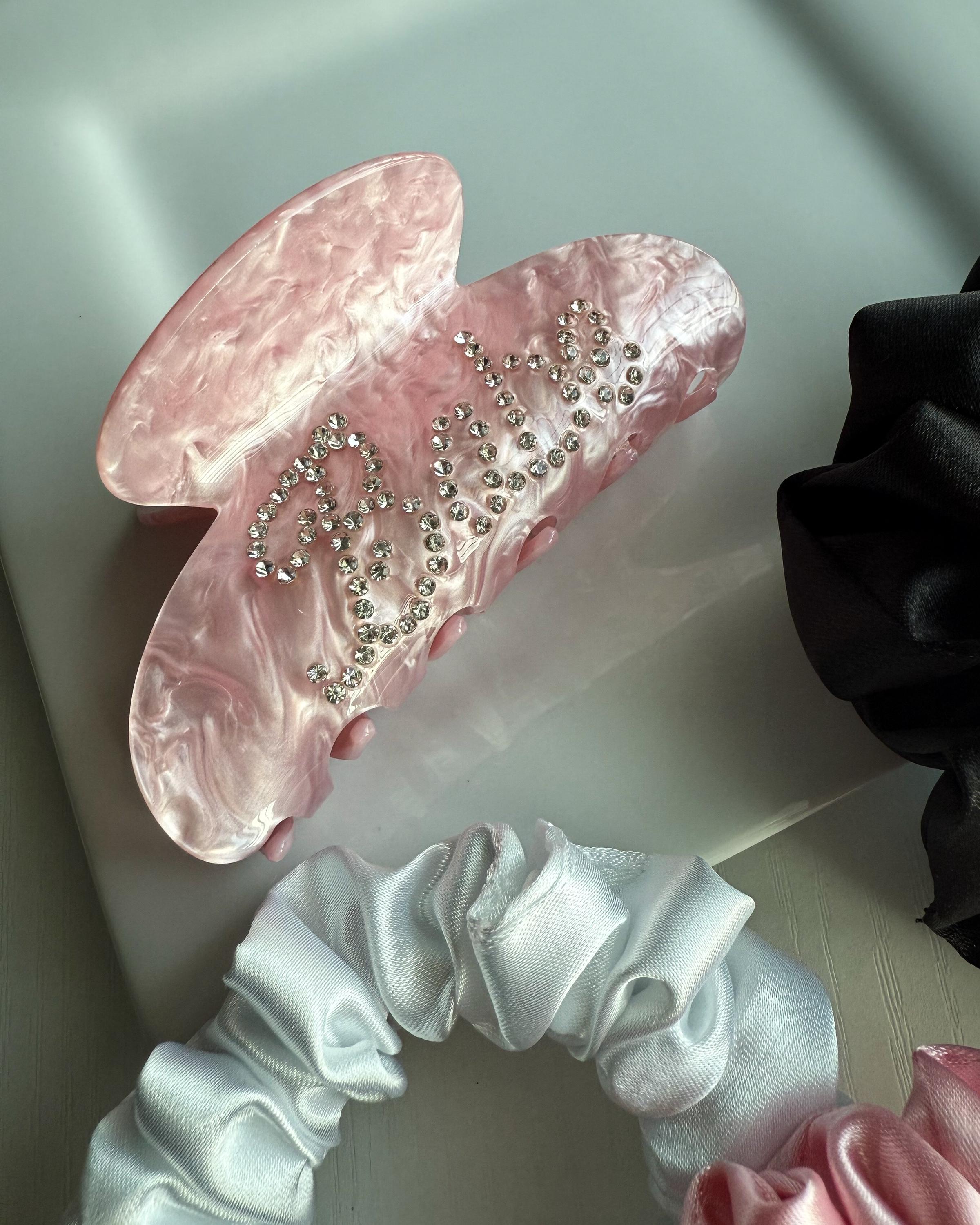Pink Rhinestone Claw Clip and Satin Scrunchie Set - Glam  display picture 3