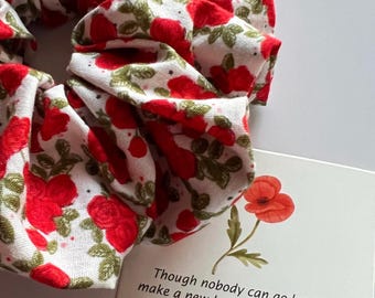 Floral Scrunchie, Romantic Red Hair Tie, Vintage Rose Hair Accessory, Handmade Botanical Gift for Her Hair, Soft Hair Elastic for Messy Bun