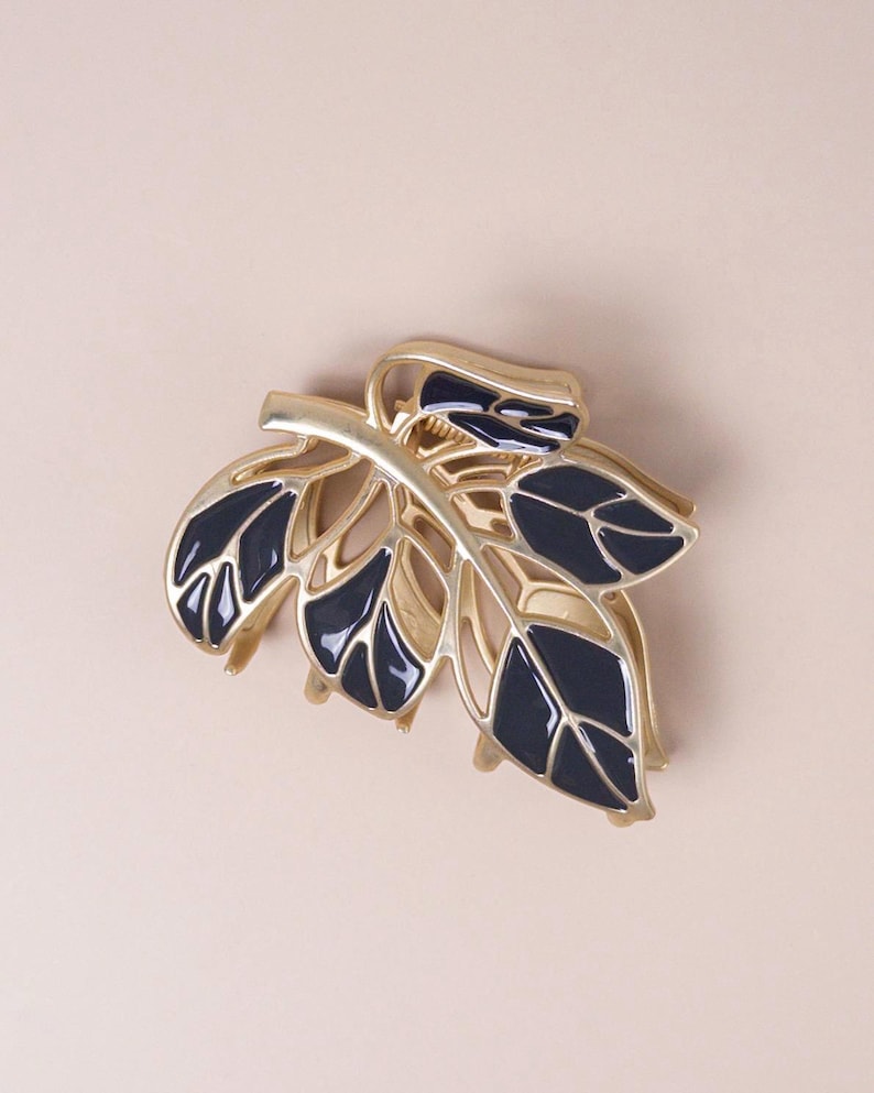 Black Enamel Leaf Claw Clip, Gold Metal Hair Clip, Botanical Hair Accessory image 3