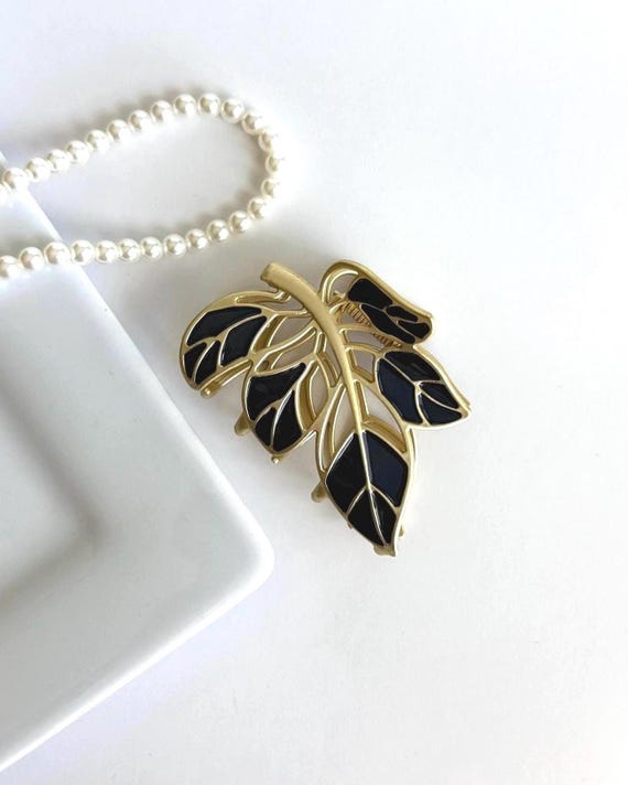Black Enamel Leaf Claw Clip, Gold Metal Hair Clip, Botanical Hair Accessory