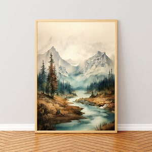 Mountain Landscape, River, Nature, Watercolor, Printable Art, Digital Art, Wall Art, Art Posters, Art, Printable Wall Art, Home Decor, Gift