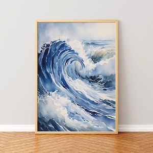 Ocean Wave Printable Wall Art, Blue Watercolor Sea Painting, Ocean wave, Nautical, Printable wall art, Digital download, Poster, Modern