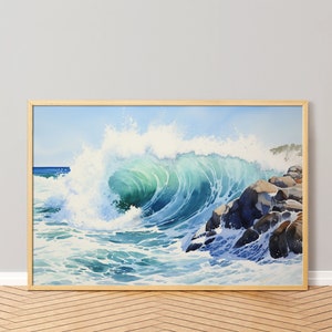 May include: A watercolor painting of a large wave crashing against a rocky shore. The wave is a vibrant turquoise blue with white foam, and the rocks are dark gray. The sky is a light blue with white clouds.
