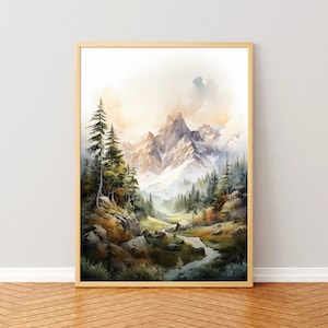 Berglandschaft, Fluss, Natur, Gelassenheit, Aquarell, druckbare Kunst, digitale Kunst, Wandkunst, Kunst Poster, Kunst für Zuhause, Wohndekor, Geschenk