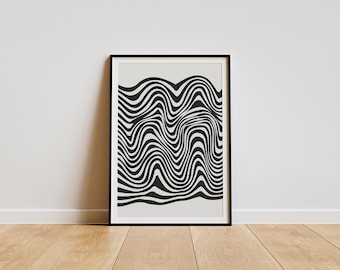 Black and White Abstract Wave Print: Optical Illusion Line Art (Digital Download)