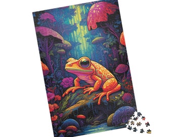 Psychedelic Frog Jigsaw Puzzle - Enchanted Forest Frog Puzzle - 1000 Piece Puzzle - Whimsical Nature - Bright Cottagecore Art