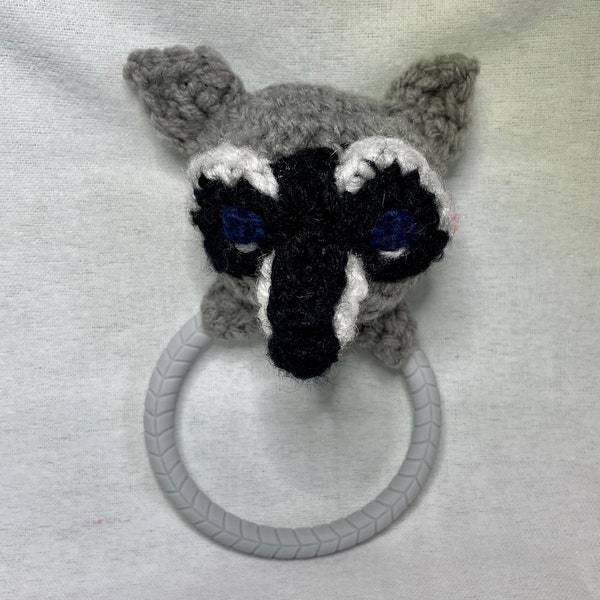 Raccoon Teething Ring, Baby Safe, Food Grade Silicone, Easy to Clean, Toy for Handgrasp, Cute Gift, Handmade, Crochet, Made for Baby Safety