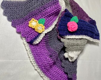 Baby Blanket, Soft, Handmade, Crochet Yarn, Purple Colors, Pink Rose, Yellow Flowers, Cradle Blanket, Baby Shower Gift, Precious Girl Wrap