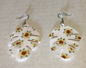 Silver Sunflower Necklace and White Dangle Earrings with Sunflowers, Vegan Leather Earrings, Black Cord Necklace