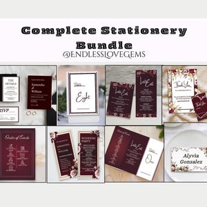 Burgundy Fall Wedding Stationery Suite, Moody Red Canva Template, Fall Ceremony and Reception Decor