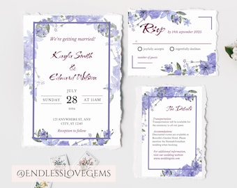 Invitaciones de boda con estampado floral de lavanda, elegante jardín púrpura (descarga instantánea)
