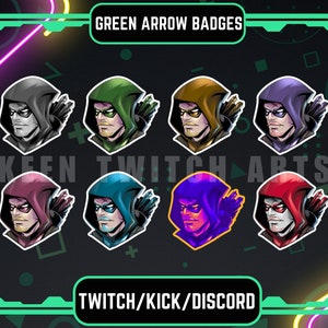 May include: Eight different Green Arrow badges featuring a hooded figure with a green arrow symbol. The badges are in various colors including red, blue, green, purple, black, and gold. The text "GREEN ARROW BADGES" is at the top of the image and "TWITCH/KICK/DISCORD" is at the bottom.