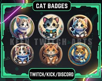 May include: Six colorful round badges featuring cartoon cats with different fur patterns and colors. The badges have a gold border and are arranged in a circle. The text "CAT BADGES" is at the top of the image and "TWITCH/KICK/DISCORD" is at the bottom.