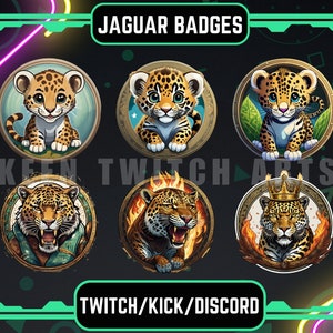 Könnte beinhalten: Sechs verschiedene Jaguar-Abzeichen mit goldenen Rahmen. Die Abzeichen zeigen verschiedene Jaguar-Designs, darunter ein Baby-Jaguar, ein Jaguar mit einer Krone und ein Jaguar mit Flammen. Der Text "JAGUAR BADGES" befindet sich oben im Bild, und der Text "TWITCH/KICK/DISCORD" befindet sich unten.