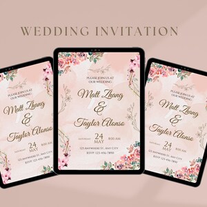 Blush Pink Floral Wedding Invitation Template | Editable Digital Wedding Invite for Couples | Printable Romantic Watercolor Wedding Card