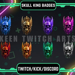 8 insignias de Twitch Sub/Bit / Skull King / Descarga instantánea / Corona / Esqueleto / Juegos / Insignias de transmisor.