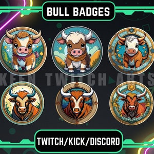 6 Cute Bull Sub/Bit Badges For Twitch, Youtube, Discord, Stream / Instant Download | Animal Badges.