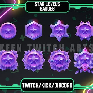 May include: A set of eight purple star-shaped badges with different designs. The badges are labeled "STAR LEVELS BADGES" and "KEEN TWITCH ARTS". The text "TWITCH/KICK/DISCORD" is at the bottom of the image.