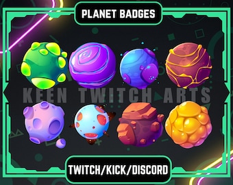 Planet Sub Badges For Twitch/Bit Badges: Kawaii, Streamer, Space, Galaxy-Themed Designs.