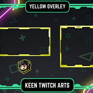 Könnte beinhalten: Ein digitales Overlay-Design für Streaming, mit einem schwarzen Hintergrund und neonfarbenen grünen und lila Akzenten. Das Design umfasst zwei gelb umrandete Rahmen, ein Logo und den Text "YELLOW OVERLEY" und "KEEN TWITCH ARTS".