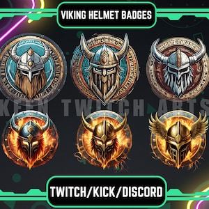 Pode incluir: Seis emblemas circulares com designs de capacetes vikings. Cada emblema tem uma cor de fundo e um design diferentes. O texto "VIKING HELMET BADGES" está na parte superior da imagem. O texto "TWITCH/KICK/DISCORD" está na parte inferior da imagem.