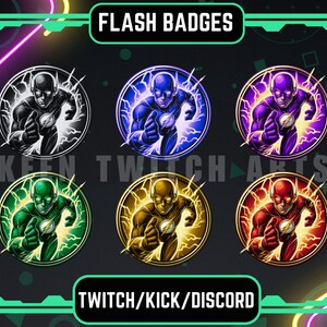 May include: Six round badges featuring the Flash superhero in different color schemes. The Flash is depicted running with lightning bolts behind him. The badges are labeled "FLASH BADGES" at the top and "TWITCH/KICK/DISCORD" at the bottom.