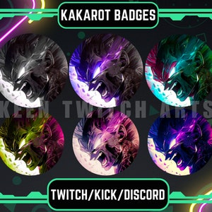 Puede incluir: Seis insignias redondas con fondos de colores diferentes e imágenes de un personaje con una expresión feroz. El texto "KAKAROT BADGES" está en la parte superior de la imagen y "TWITCH/KICK/DISCORD" está en la parte inferior.