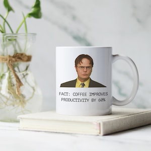 Funny Dwight Schrute Coffee Mug - &#39;Fact: Coffee Improves Productivity by 60%&#39; | The Office TV Show Gift | Hilarious Work Humor Mug