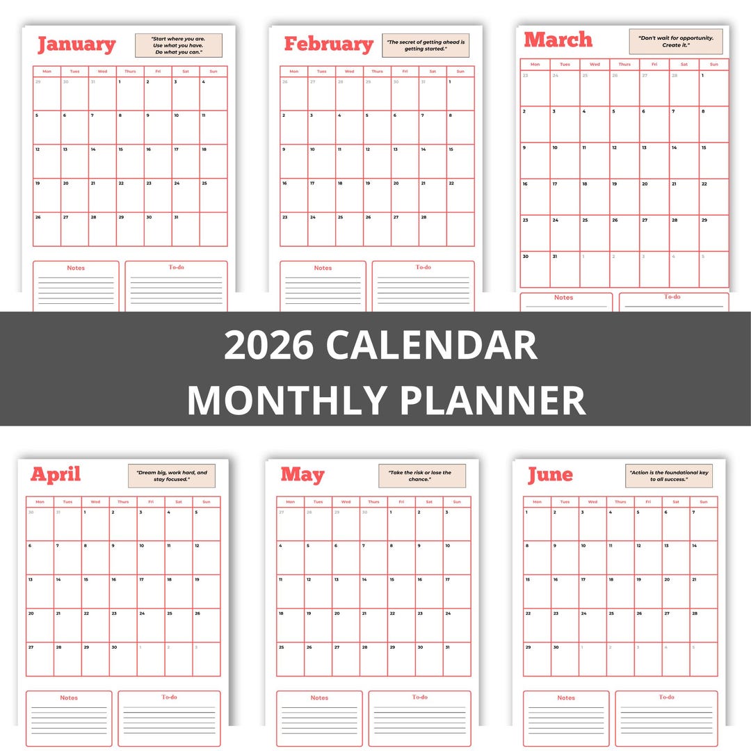 Monatskalender 2026 zum Ausdrucken | Montagsbeginn | Minimalistischer