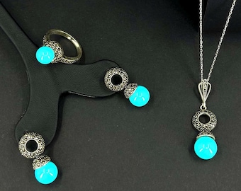 Handmade Sterling Silver Turquoise Jewelry Set: Marcasite Ring, Necklace & Earrings
