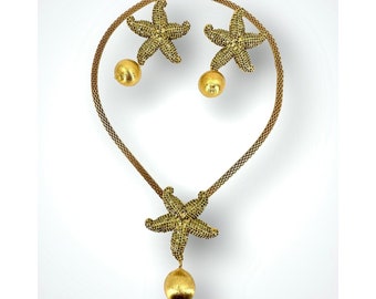 Handmade Gold Plated Starfish Jewelry Set: Zirconia Bronze Necklace & Earrings