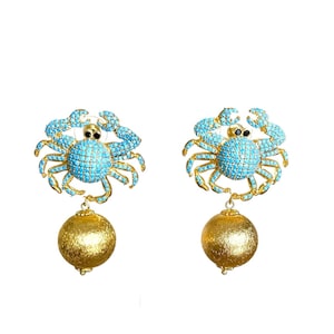 Handmade Cancer Zodiac Earrings – Gold Plated Bronze Blue Crab Earrings – Astrology Inspired Jewelry