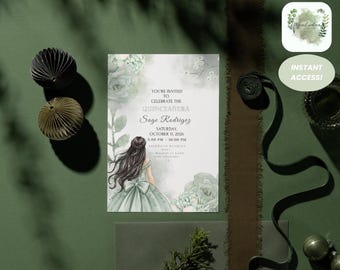 Sage Green Floral Quinceañera Invitation: Elegant Sweet 15 (Digital Download)
