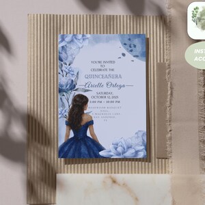 Editable Blue Watercolor Floral Quinceañera Invitation Template, Royal Blue Sweet 16, Instant Download Canva, Digital 5x7&quot; 12.7x17.8cm