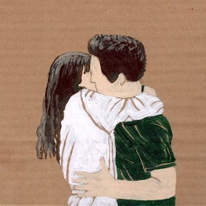 Puede incluir: Una pintura de una pareja abrazándose, la mujer con una camisa blanca y el hombre con una camisa a rayas verdes y blancas.