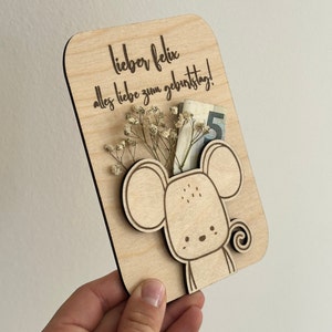 Karte Geldgeschenk 3D Tiere Kinder Kindergeburtstag personalisiert individuell Gravur Holz