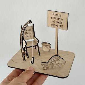 Karte Geldgeschenk 3D Angeln Angler Fisch Petri Heil  Geschenk Männer Junge personalisiert individuell Gravur Holz Vatertag