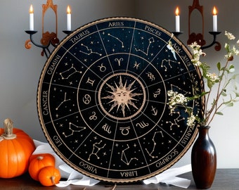 Zodiac Wheel Board for magic ritual, Astrology Guide, functional zodiac wheel, crystal grid and wood altar tile, Astrological home decor