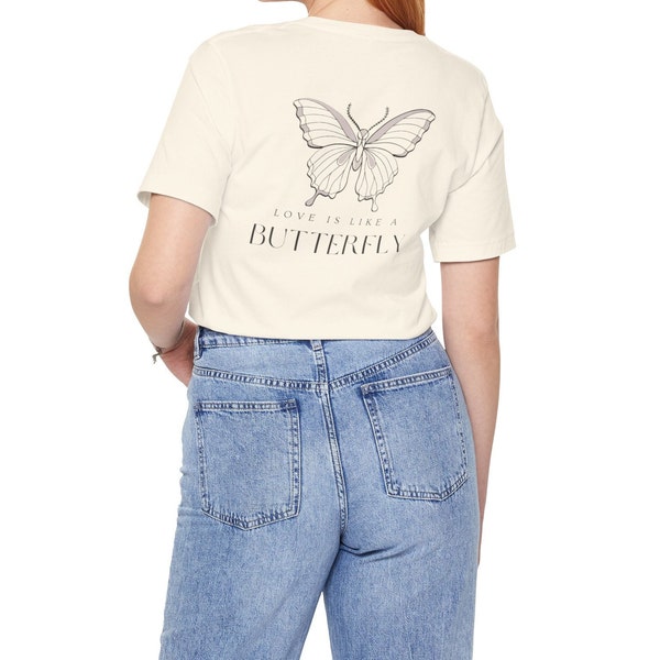 Butterfly Love Unisex T-shirt - White and Natural, Soft Cotton Tee with Butterfly Design, T-shirt with a Butterfly and a text, Aesthetic Tee