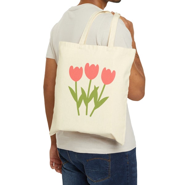 Elegant Tulip Trio Tote Bag | Spring Floral Canvas Shopper | Available in Black and Natural Tones | Spring Blossom Tote | Floral Canvas Tote