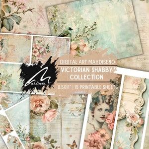 Eleganza di un tempo, stampa digitale floreale e scritta vintage, pagine di diario vittoriano shabby chic, fogli per lavori artigianali con rose antiche