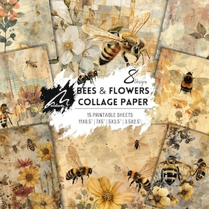 Pagina di diario vintage shabby con collage di api, scrapbooking botanico, kit digitale, carte effimere floreali stampabili, artigianato artistico ispirato alla natura