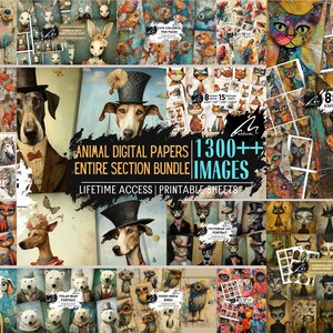 1000+ Animal Journal Page & Digital Paper Mega Bundle, Scrapbook Junk Journal Ephemera stampabile in stile misto per progetti di collage artigianali