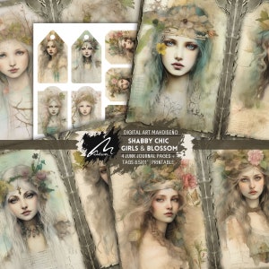 Shabby Chic Girls & Blossom Junk Journal Pages, Mezza pagina, Pagina di album, Pagina di diario con tecniche miste, Floreale, Shabby, Foglio collage stampabile