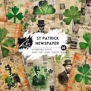 St. Patrick's Day Vintage Gentleman Print-Set, Historische Zeitung & Klee, Ephemera mit irischem Thema für Scrapbooking, Junk Journal und Craft