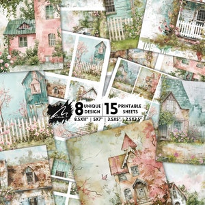 Idyllischer Bauerngarten Digitale Papiere, Romantische Blumenhaus Hintergründe, Rustikale Scrapbooking Seiten, Rustikale Junk Journal Druckbare Blätter