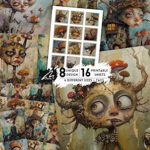 Surreal Whimsy Visionary: Eccentric Creature Kit, Whimsy Mixed Media Art Sheets Enigmatic Portrait Digital Paper Pack, Fantasy Printable Kit