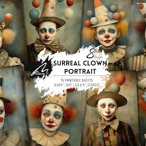 Surreal Clown Portrait | Whimsical Background Digital Art | PRINTABLE Cards Digital DOWNLOAD Commercial Use