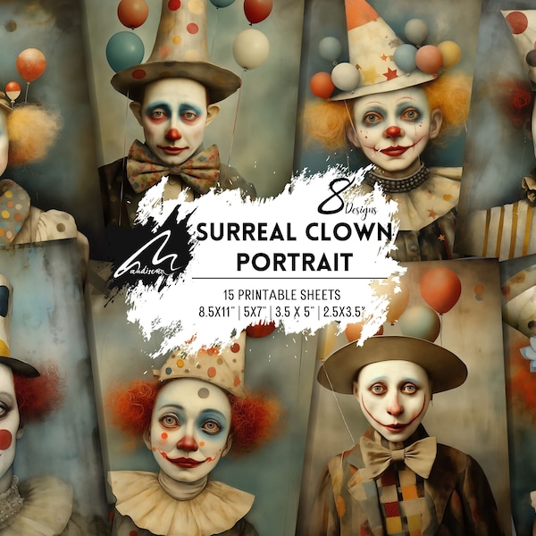 Surreal Clown Portrait | Whimsical Background Digital Art | PRINTABLE Cards Digital DOWNLOAD Commercial Use