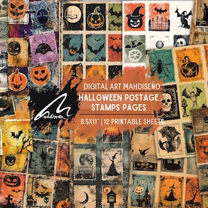 Noche de Halloween encantada: colección de arte digital de estilo vintage con escenas espeluznantes, imágenes de brujas y murciélagos para imprimir y manualidades festivas